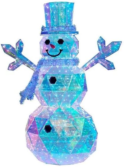 ภาพระยะใกล้ view of the prismatic snowman, highlighting its textured surface and the internal LED lights, suitable for illustrating assembly details.