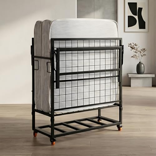 Image of Nilkamal Zoe Metal Folding Bed with 6 Inch Single Size Mattress | Space Saving Portable Rollaway Bed with Lockable Wheels| Ideal for Homes, Guest Rooms, Hostels and Dorms | Black
