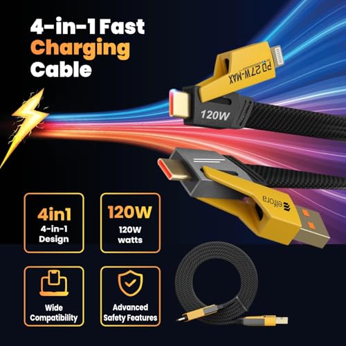 Image of Elfora 120W 4 in 1 Multi Function Braided Fast Charging Cable | Quad 1.5m Rugged Multi Function | Type C to USB A | Type C to Lightning | Compatible with iPhone, Macbook, Samsung, Tablets & More
