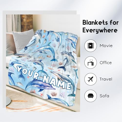Custom Dolphin Blanket with Name for Kids, Cute Soft Gifts for Ocean Lovers, Cozy Flannel Throw for Couch Sofa, 30"x40"