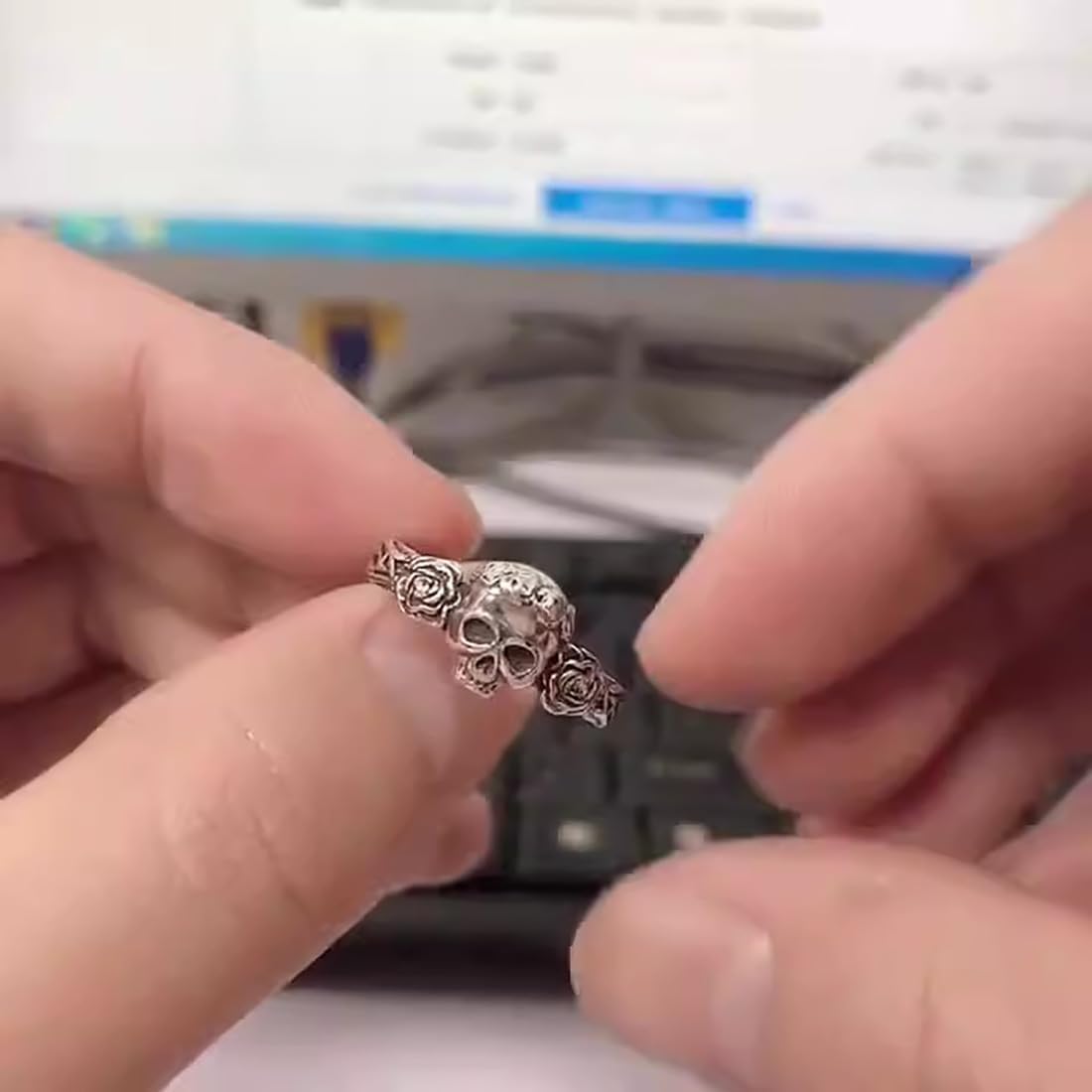 Skull Ring for Men Women, Adjustable Gothic Black Rose Skeleton Ring, Open Punk Rock Skull Ring, Vintage Dark Black Hip Hop Halloween Biker Viking Skull Jewelry Christmas Gift for Men Father - Image 5