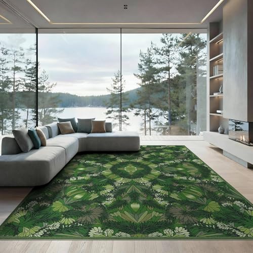 ODIKA 9'x12' Washable Bohemian Floral Oversized Rug, Moss Green Non-Shedding Pet Friendly Carpet Foldable Easy Care Mat for Master Suite, California King, Under Bed | Ref:2025488