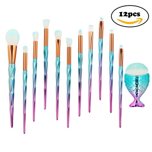 Tenmon Unique Fish Scale Makeup Brush Set - 12PCS Rose Gold Foundation Eyebrow Eyeliner Eye-shadow Brush Cosmetic Face Powder Brush Makeup Brushes Kit (Blue)