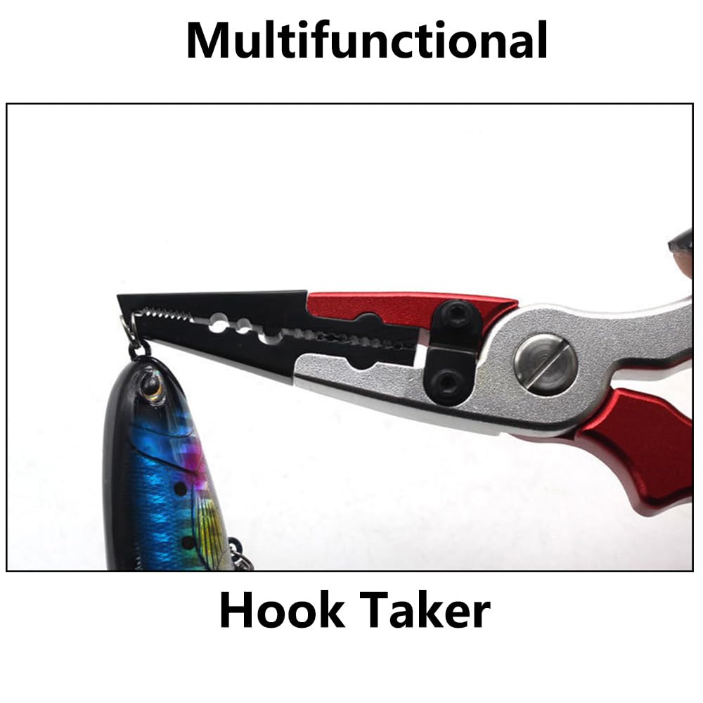 Alicates de pesca multifunción, color rojo de aluminio de aviación para anzuelos de pesca con cordón en espiral para entusiastas de la pesca