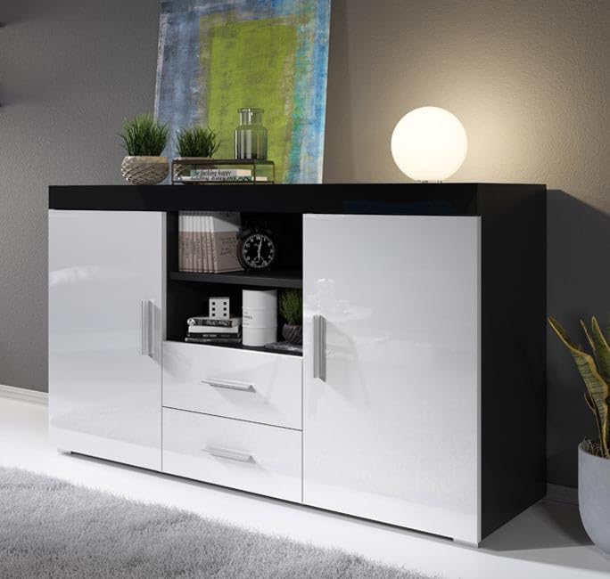 Credenza Moderna Con 2 Ante E 2 Cassetti - Bianco E Grigio, 140x80x40 Cm - Foto 3