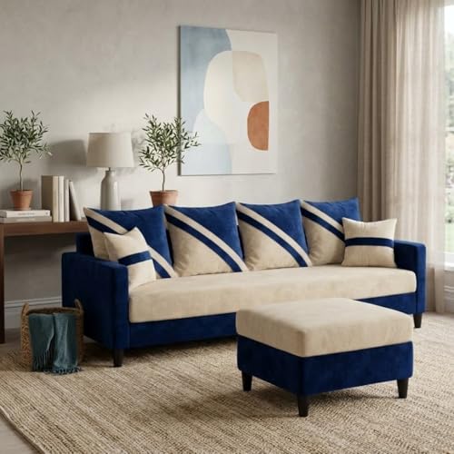 Image of SLEEPIFY Canza 4 Seater Sofa Set with Ottoman (Dark Blue - Cream) | Premium Soft Velvet | Plush Comfort Cushions | Modern Living Room Sofa | Spacious Comfortable Seating
