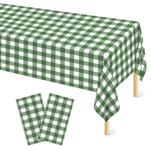 Image of Mulbozy 2 Pcs Sage Green Gingham Tablecloth, Plastic Table Cloth Disposable