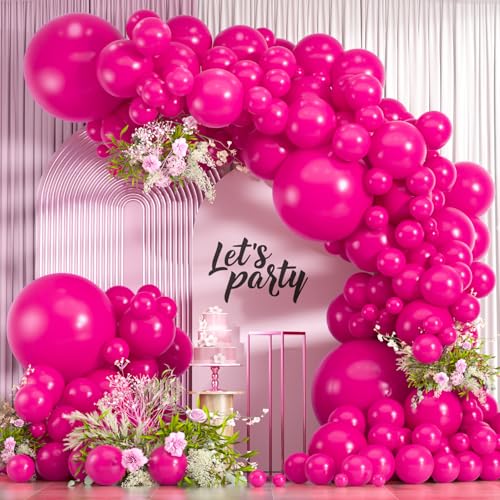 Image of 114pcs Pink Balloon Garland Arch kit, 18 12 10 5 inch Hot Pink Latex Balloons, Different Sizes Magenta Balloon for Engagement Bridal Bachelorette Princess Birthday Party Decorations