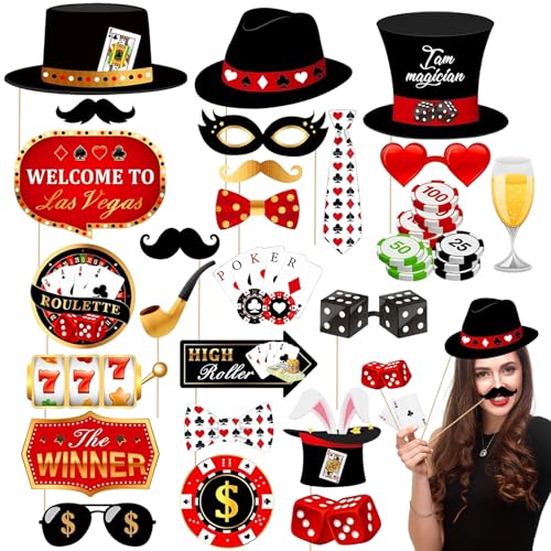 25 Pièces Casino Accessoires Photobooth Las Vegas Decoration Casino,Casino Deco Party Borne Selfie Photobooth,Casino Poker Thème Kit Photobooth pour Déco...
