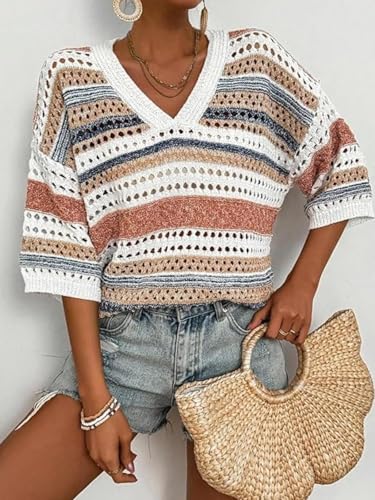 jonivey Womens 3/4 Sleeve V Neck Fall Casual Crochet Knit Sweater Hollow Out Striped Tops Vacation Outfits4