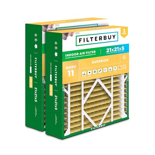 Filterbuy 21x21x5 Air Filter MERV 11 Allergen Defense (2-Pack), Pleated HVAC AC Furnace Air Filters Replacement for Rheem, Ruud, and Protech (Actual Size: 20.63 x 20.63 x 4.38 Inches)