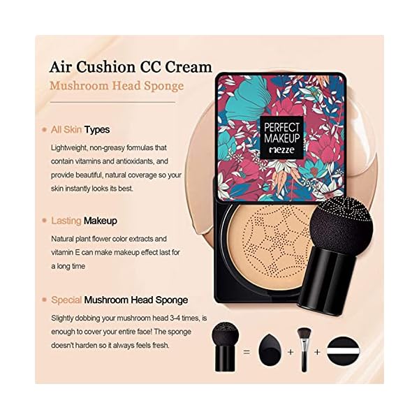 Air-Cushion-CC-Cream-Mushroom-Head-Foundation-Moisturizing-BB-CreamNaturalLoose-PowderCool-Beige-02-Foundation-Brush-By-Vaerki Vaerki Air Cushion CC Cream Mushroom Head Foundation, Moisturizing BB Cream(Natural)&Loose Powder(Cool Beige #02) &Foundation Brush