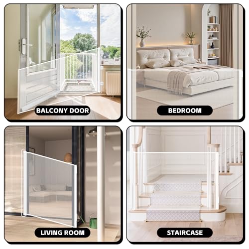 Treppenschutzgitter Ausziehbar, Bohrfreies Baby Absperrgitter Schutzgitter Treppe für Kinder, Katzen und Hunde, Geeignet für Küche, Treppe, Balkon & Schlafzimmer (Weiß, 150CM)