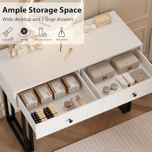 White Vanity Desk with Mirror and Lights, Small Makeup Vanity with 2 Drawers, Modern Vanity Organizer with 3 Color Lights&Adjustable Brightness, Dressing Table for Bedroom