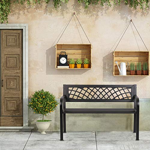 Zzd Park Bench Easy Assembly Black Checkered Design Outdoor Bench, 2-Person Seating Durable Heavy Duty Metal Patio Bench, Garden Bench For Porch Backyard Lawn Garden Pool Deck Work Entryway, Black #TOP1