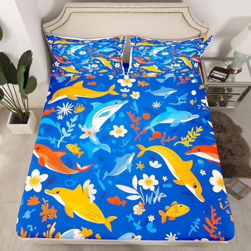 Image of jejeloiu Dolphin Bed Sheets Sets King Size Kids Boys Girls Ocean Bedding Set Sea World Bed Sheet Set with 16-Inch Deep Pockets Underwater Sea Animal 4Pcs with 2 Pillow Cases