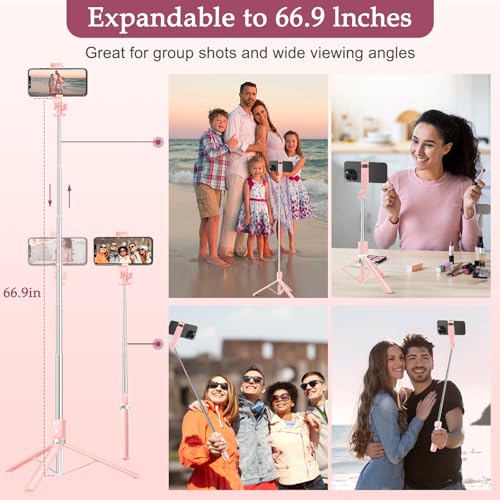 Image of Selfie Stick Tripod with Fill Light, Phone Selfie Stick,Durable Stainless Steel Design,Bluetooth Remote Control,and Stable Three-Legged Support for Live Broadcasts,Video Shooting (Pink)