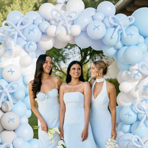 Image of Blue and White Balloon Arch Kit, JOGAMS 199Pcs Bow Balloon Arch Kit with 260 Clear Balloons Blue Ribbon for Blue Bow Birthday Decorations Bachelorette Baby Shower Bridal Shower Wedding