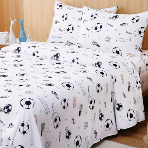Swiftify Queen Sheet Set for Kids Boys & Girls 4-Piece Bed Sheet Set for Teens Boys Girls Cartoon Printed Bedding Set Microfiber Deep Pocket Wrinkle & Fade Resistant Soccer