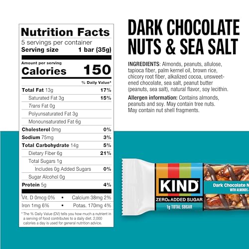 Image of Kind Zero Added Sugar Healthy Snacks Bars, Dark Chocolate Nuts & Sea Salt, Gluten Free, High Fiber, Keto Snacks, 5g Protein, 30 Count | A pre-workout boost with 0g added sugar, 5g protein and 4g net carbs. These crunchy, keto-friendly nut bars are gluten free.