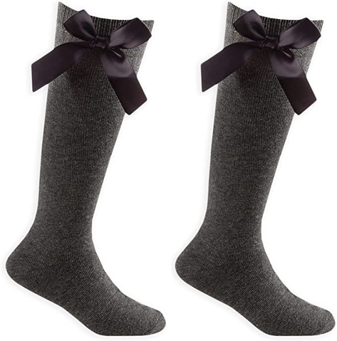 Pinkfairy 2 pares de calcetines hasta la rodilla con lazo, de algodón rico, lazos para el regreso a clases, calcetines altos hasta la rodilla para niñas
