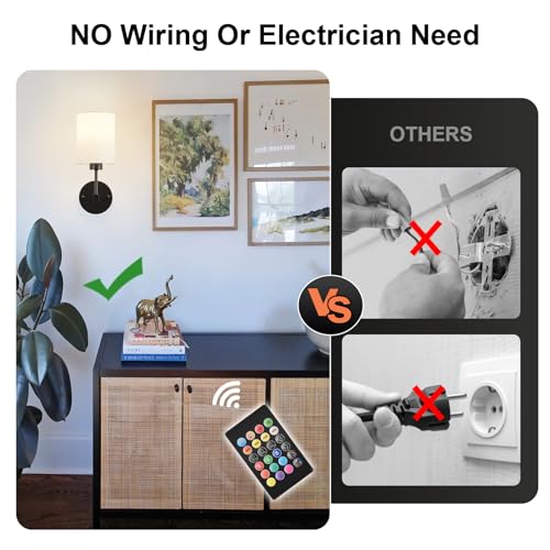 Image of Battery Operated Wall Sconce Set of Two,Wireless Rechargeable Wall Light With Remote Control, Dimmable, 1800K /3000K /4000K /6000K /RGB, Timer, for Living Room, Bedroom, Fireplace, TV, 13.5 Inch, Black