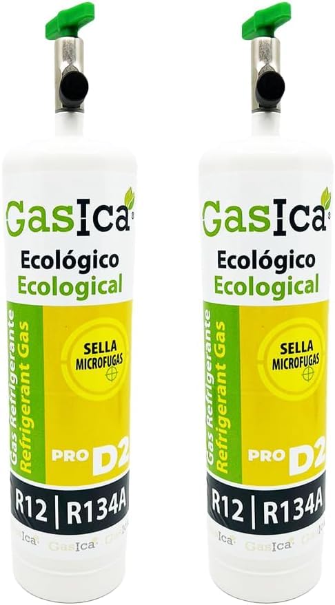 2x Envases GASICA PRO D2 - Gas Refrigerante Ecológico Orgánico - Equivalente 900g (R134A y R12) Apto para carga A/C Autos y hogar.