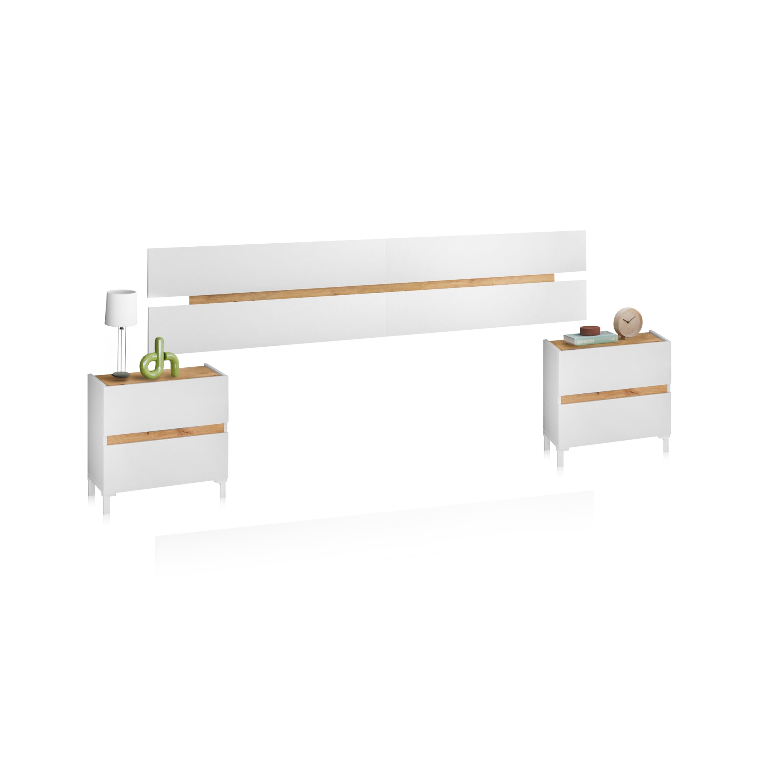 duehome | Pack Cabecero y 2 Mesitas de Noche, Dormitorio Doble, Dormitorio Completo, Modelo Erza, Acabado en Blanco Artik y Roble Nodi