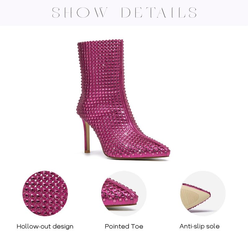 GOSERCE Rhinestone Boots for Women Ankle High Stiletto Heel Hollow Out Breathable Pointed Toe Sexy High Heel Booties Fashion with Side Zipper Party Prom Wedding Birthday2