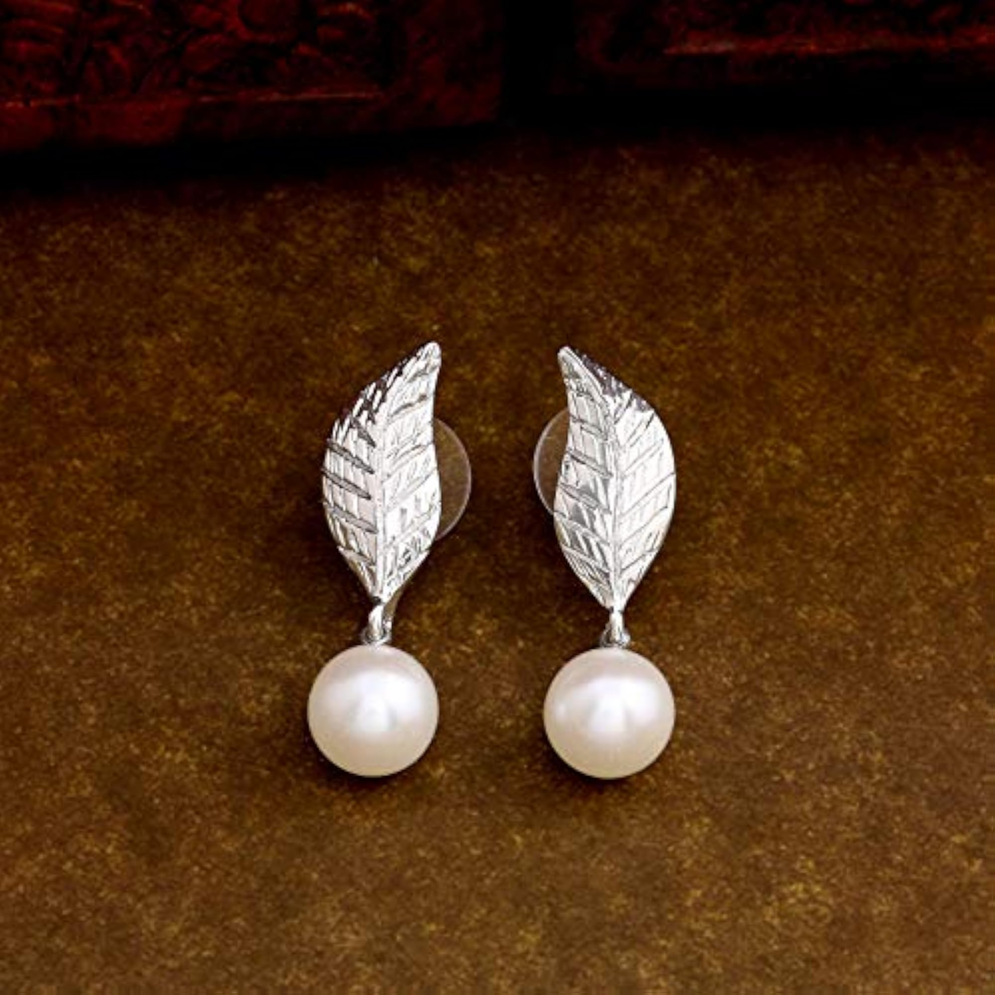 Rhodium Leaf Pearl Drop Earrings