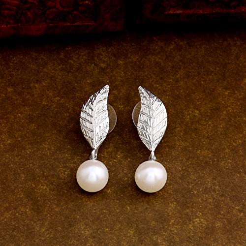 Rhodium Leaf Pearl Drop Earrings