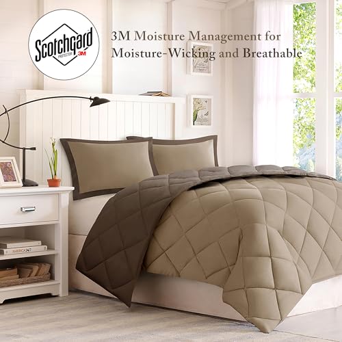 Image of Madison Park Essentials Larksppur Reversible Down Alternative 3M Scotchard Comforter Mini Set, Full / Queen, Brown / Sand