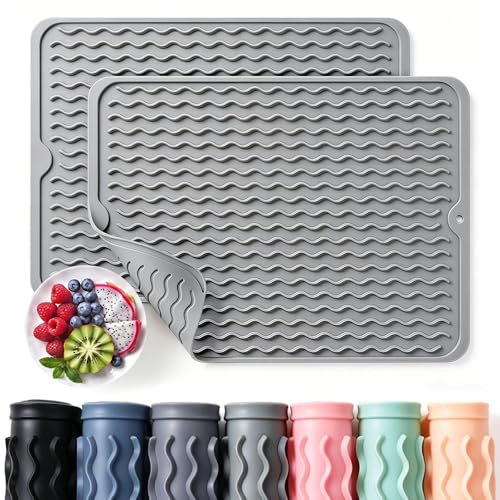 Image of 2 Pack Caketime Silicone Dish Drying Mat for Kitchen Counter Heat Resistant Quick Dry Pads Hot Dishes Waterproof with Under Sink Rack Soap Holder Coffee Accessories 15 inchx11.5 inch Light Gray