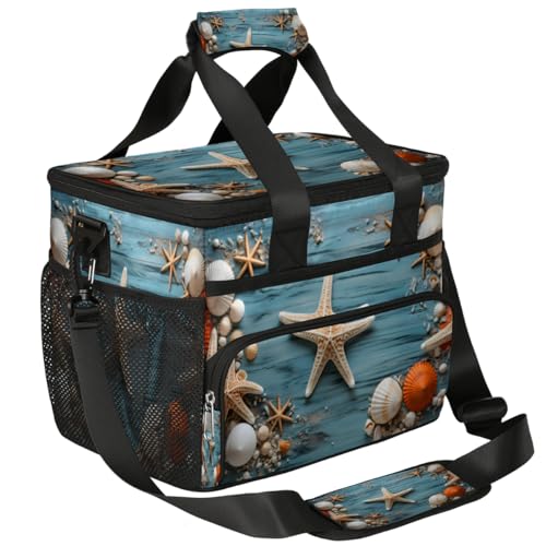 Wooden Insulated Picnic Backpack Lunch Box for Women Men Picnic Basket Tote Lunch Bag Picnic Bag Portable Lunch Bags for Picnic, Beach, Work, Trip,Office, Camp Starfishes Sea Shell