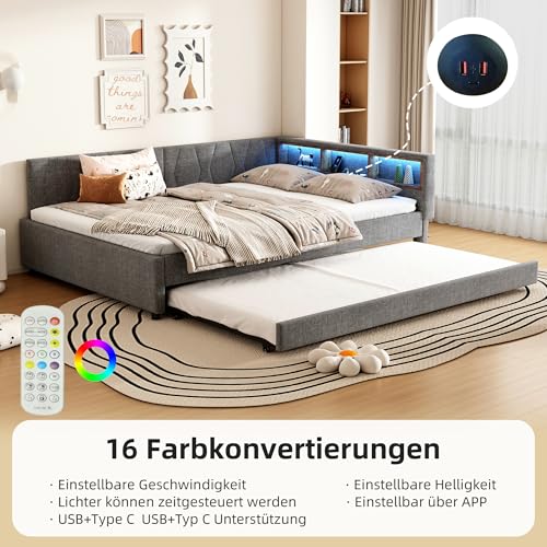 RIAZOS Polsterbett Schlafsofa 140x200, Doppelbett mit Ausziehbett, Daybett mit LED Staufach, Tagesbett mit USB Typ C Ladefunktion, Jugendbett Kinderbett Gästebett, Leinen, ohne Matratze, Grau