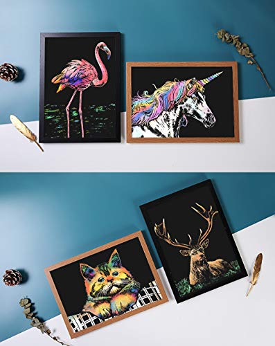 scratch art for kids amp adults rainbow painting night view scratchboarda4 crafts set 8 sheets scratch cards with 6 tools in bag - unicornflamingocatdeerliontigerleopardwolf animal series