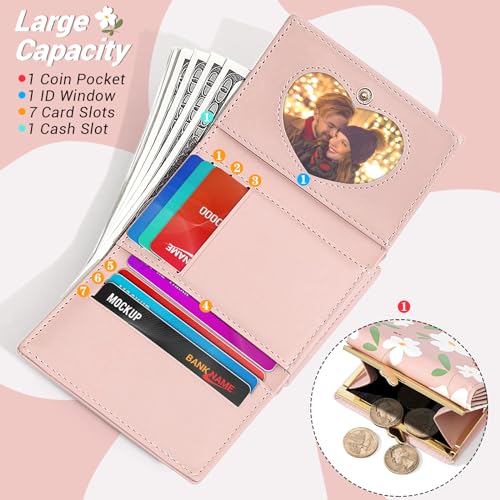 YINHEXI Women’s Wallet, Cute Small Tri-fold with RFID Blocking Wallet for Women and Girls, Floral Small Wallets Woman (Baby Pink)2