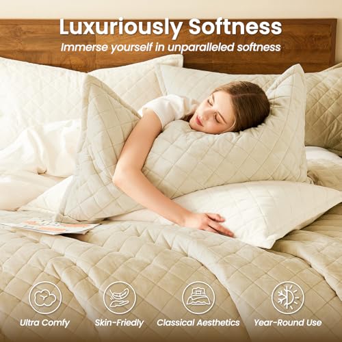 L'AGRATY Velvet Quilt Queen Size: 3-Piece Reversible Luxury Velvet Bedding Comforter Set - Lightweight Oversized Quilted Bedspread Coverlet with 2 Pillow Sham for All Season - Light Linen Quilt