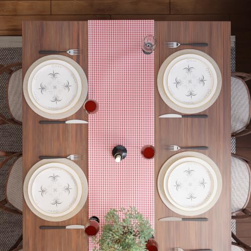 Image of Encasa XO Cotton Table Runner, 4 to 6 Seater Dining Table Decor Gingham Red