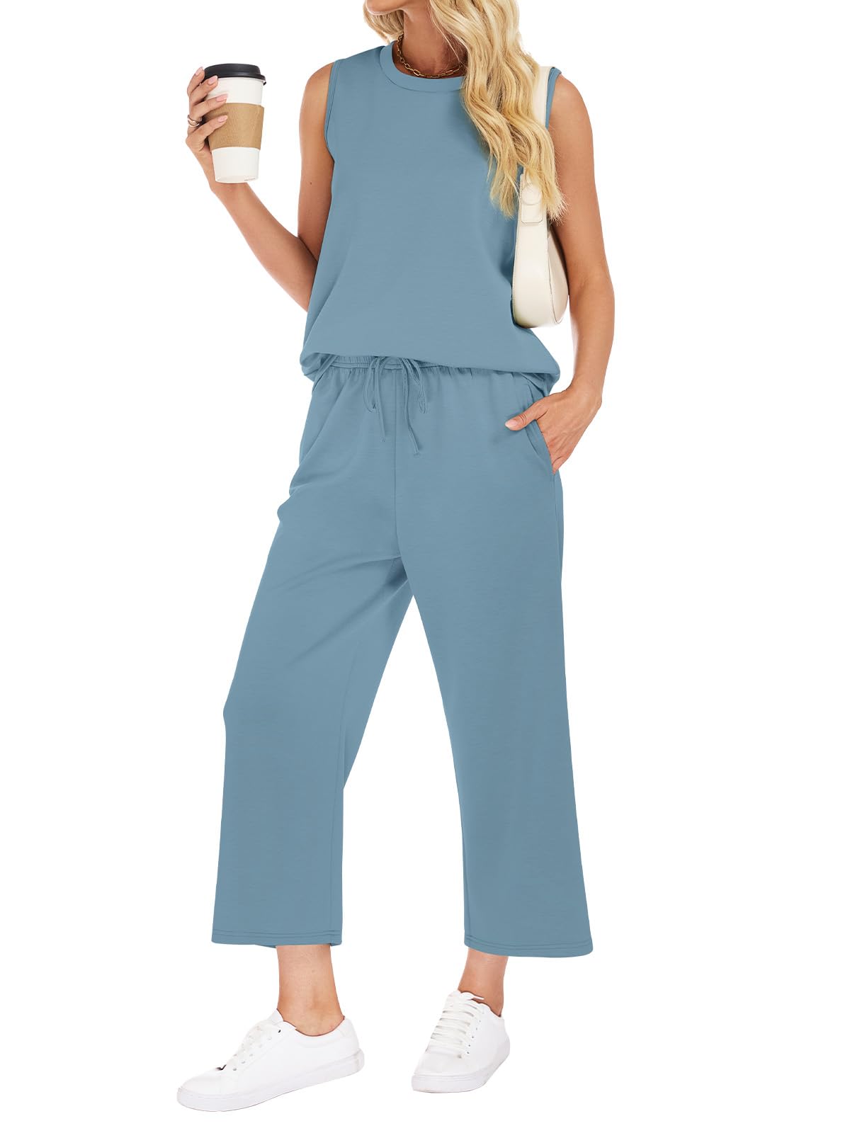 VUTRU Zweiteiler Trainingsanzug Damen Sommer Outfits Tracksuit Kurzarm Lässige Jogginganzug Damen und weite Hose mit Taschen Sport Anzug Hausanzug