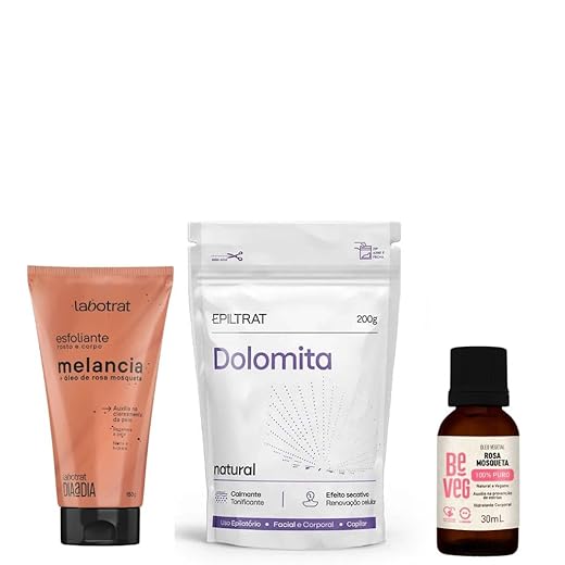 Kit Clareador de Manchas e Áreas Escuras: Dolomita Natural 200g, Esfoliante de Melancia 150g e Óleo de Rosa Mosqueta 30ml