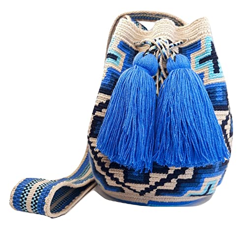 MEDIUM - - COLORFUL Wayuu Mochila Bag For Women original bolsa tejida colombiana authentic crochet pattern Gift from Colombia (Blue Ethnic - Medium)
