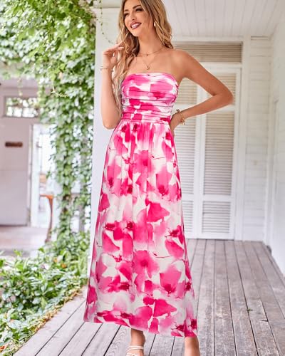 Image of GRACE KARIN Women Strapless Dress Casual Loose Ruched Long Maxi Dress with Pockets