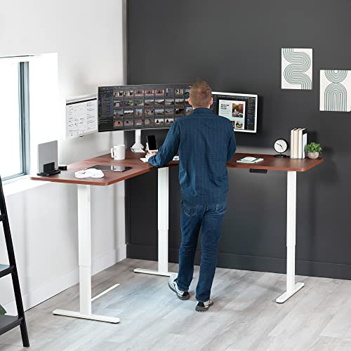 Image of VIVO Electric Height Adjustable 71 x 71 inch Curved Corner Stand Up Desk, Dark Walnut Table Top, White Frame, Memory Controller, L-Shaped Workstation, E3C Series, DESK-KIT-E3CWD