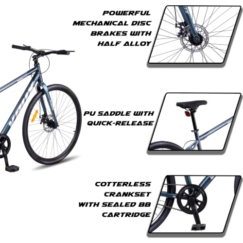 Image of Vaux City-Pro 700C Hybrid Cycle for Men, 19 Inch Hi-Ten Steel Frame, Dual Disc Brake, 700x35C Tyres, Double Wall Alloy Rims, City Bike(Grey-Blue, Single Speed, Rigid Fork)