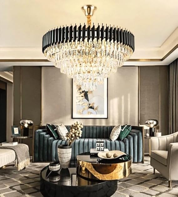 Image of Modern Ceiling Lamp 6-Tier Round Crystal Chandelier for Living Room | Modern Ceiling Light Jhumar for Hall for Home Decoration + 3 Color LED Light (Black Gold, 800MM)
