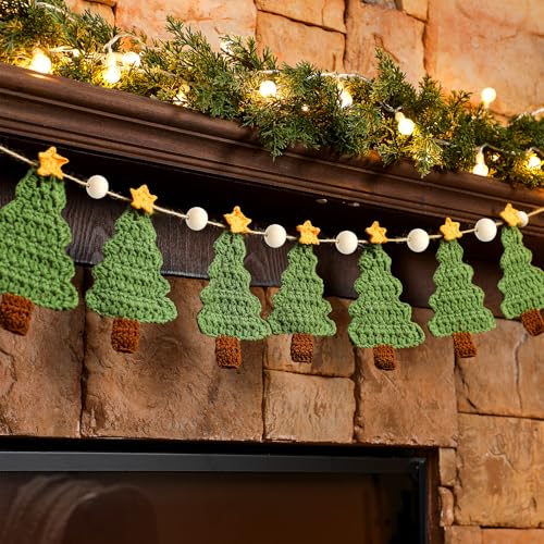 Tudomro Crochet Christmas Tree Garland 6.56 ft Rustic Handmade Xmas Banner Christmas Tree Wooden...