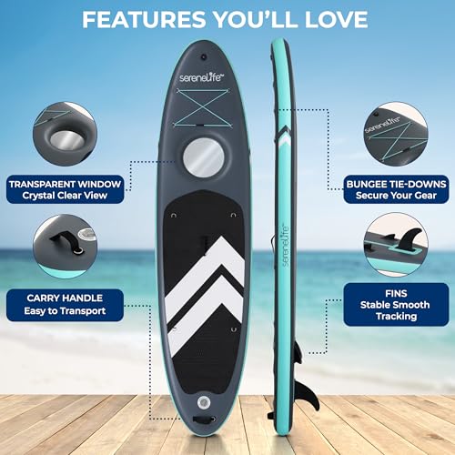 Image of SereneLife 10'6 inch Inflatable Stand Up Paddle Board with Premium SUP Accessories - 32 inch Wide Stable Design with Non-Slip EVA Deck Pad, for Youth and Adults, 350 lbs. Capacity