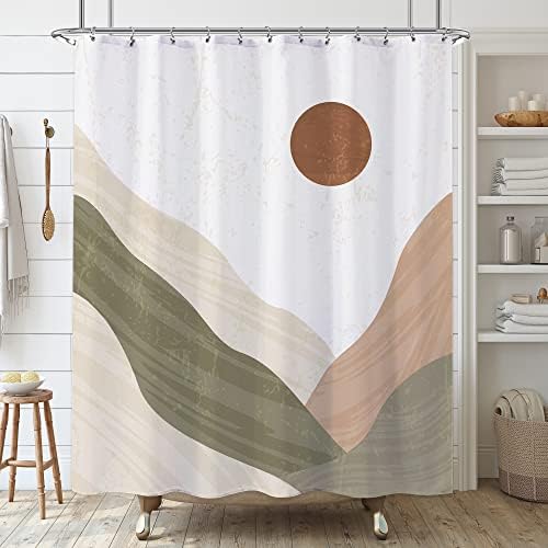 Laifzere Mountain Boho Shower Curtain Mid Century Sun Modern Minimalist Abstract Shower Curtain for Bathroom Set Sunset Neutral Green Beige Rustic Waterproof Shower Curtain for Bathtub 60x72 Inch