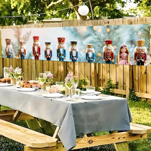 Image of Nutcracker Christmas Outdoor Banner 78.7 x 17.7 Inch Colorful Soldier Figures Snowy Background Festive Holiday Scene for Yard Garden Fence Porch or Patio Decoration